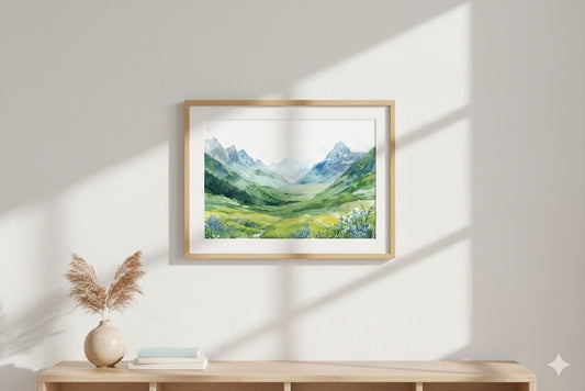 Framed Matte Canvas - Serene Mountain Meadow Landscape Art
