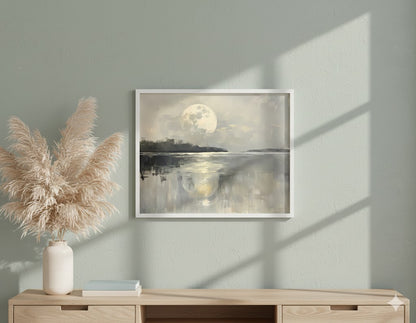 Framed Matte Canvas Moonlit Lake Wall Art — Serene Neutral Landscape Print