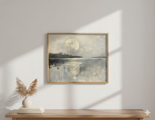 Framed Matte Canvas Moonlit Lake Wall Art — Serene Neutral Landscape Print