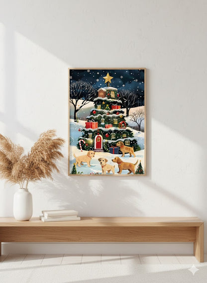 Framed Christmas Tree Canvas Print — Festive Holiday Scene with Puppies