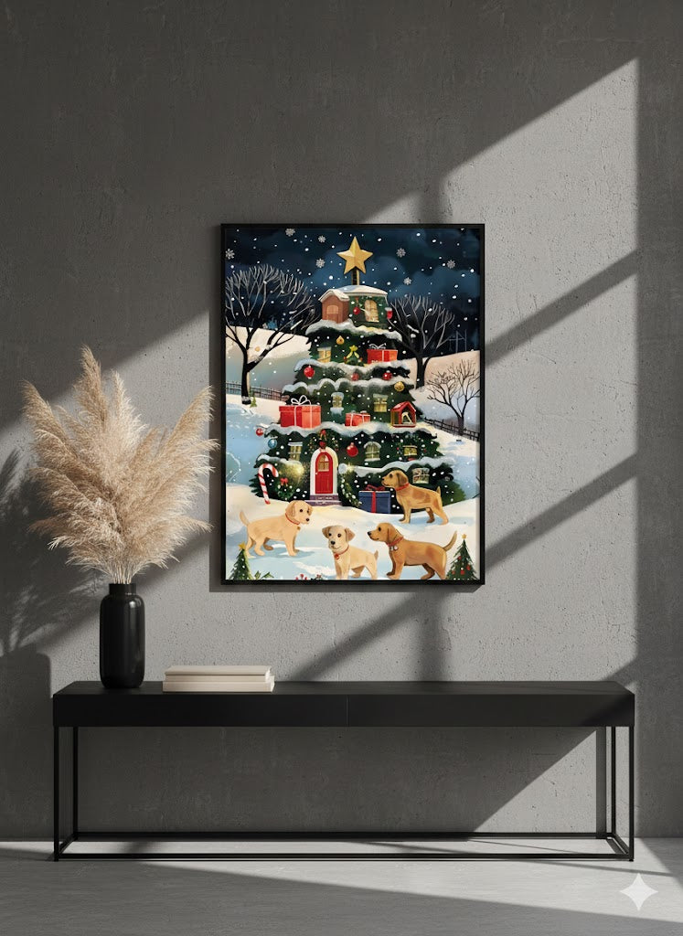 Framed Christmas Tree Canvas Print — Festive Holiday Scene with Puppies