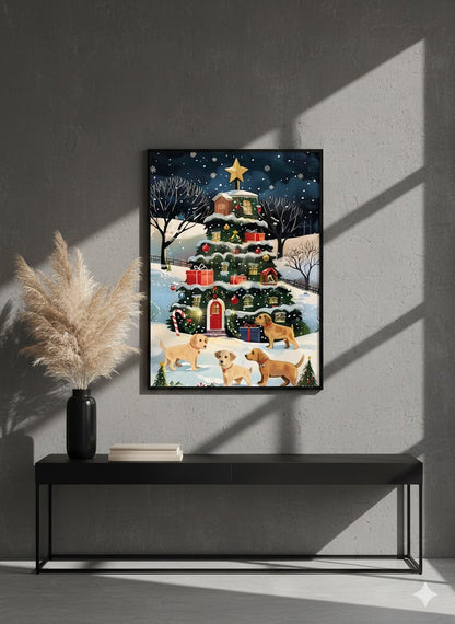 Framed Christmas Tree Canvas Print — Festive Holiday Scene with Puppies
