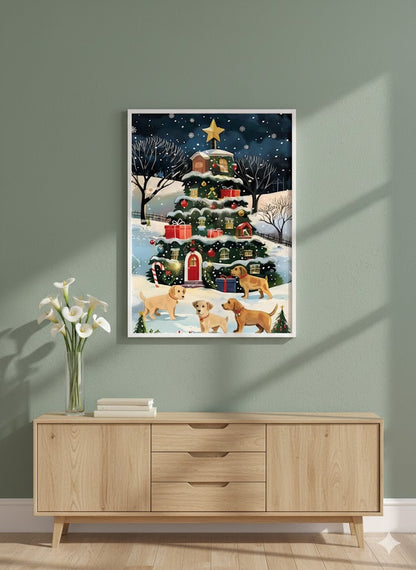Framed Christmas Tree Canvas Print — Festive Holiday Scene with Puppies