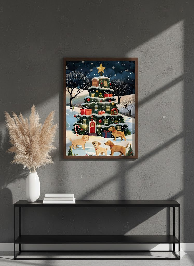 Framed Christmas Tree Canvas Print — Festive Holiday Scene with Puppies