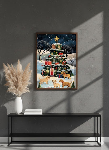 Framed Christmas Tree Canvas Print — Festive Holiday Scene with Puppies