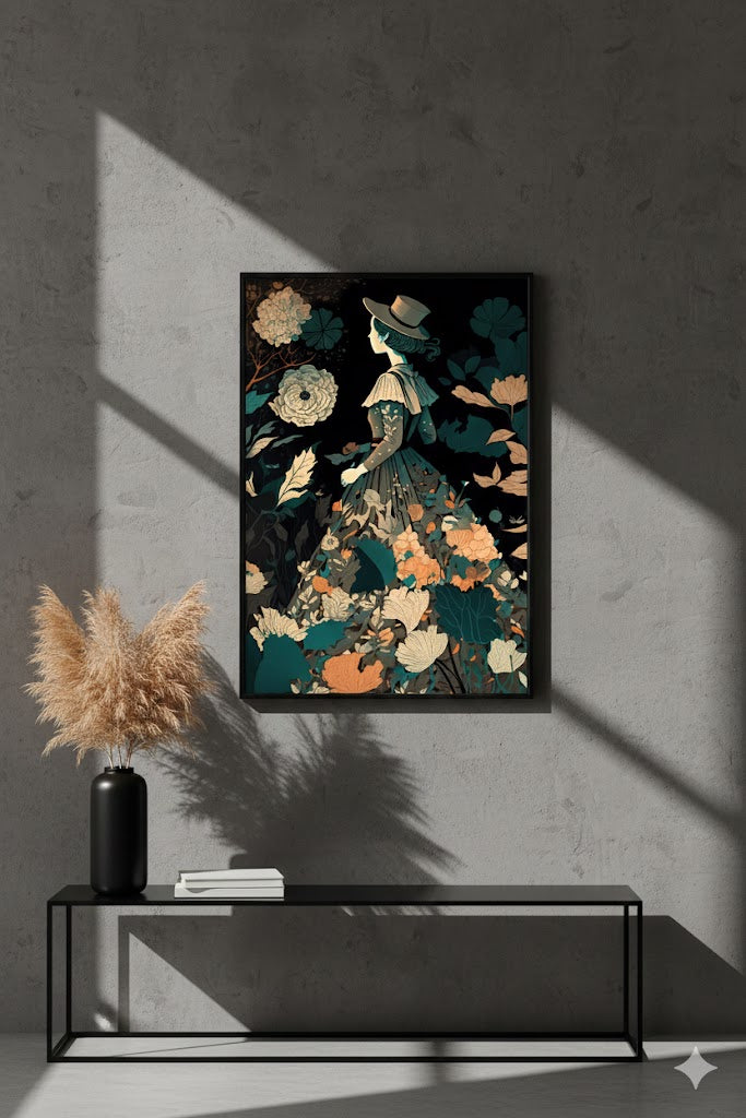 Framed Matte Canvas Wall Art — Vintage Floral Lady Illustration