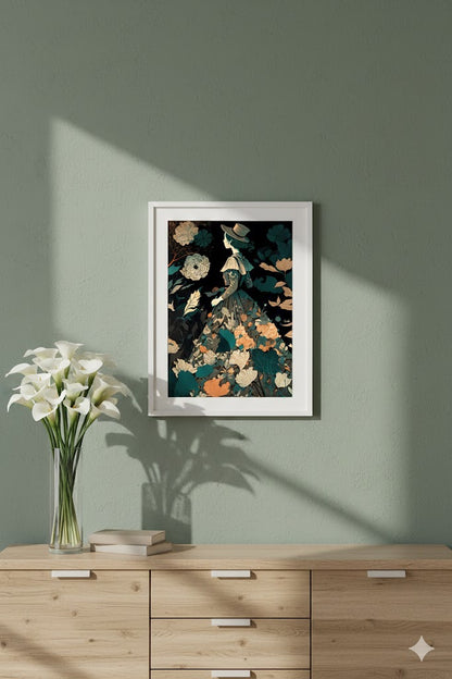 Framed Matte Canvas Wall Art — Vintage Floral Lady Illustration