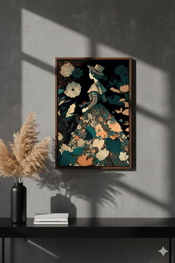 Framed Matte Canvas Wall Art — Vintage Floral Lady Illustration