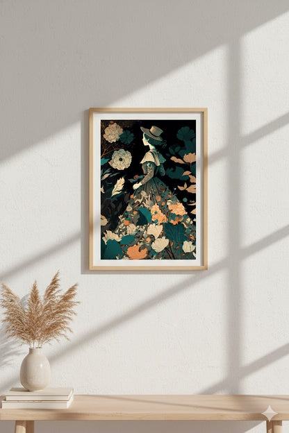 Framed Matte Canvas Wall Art — Vintage Floral Lady Illustration