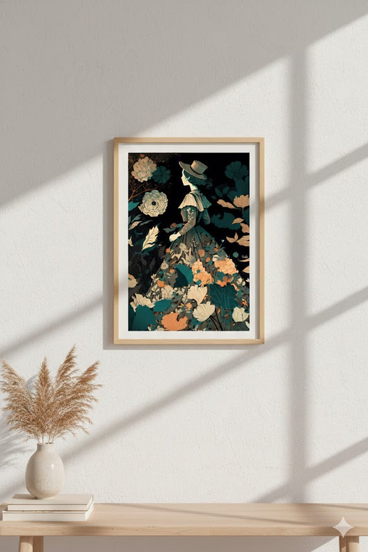 Framed Matte Canvas Wall Art — Vintage Floral Lady Illustration