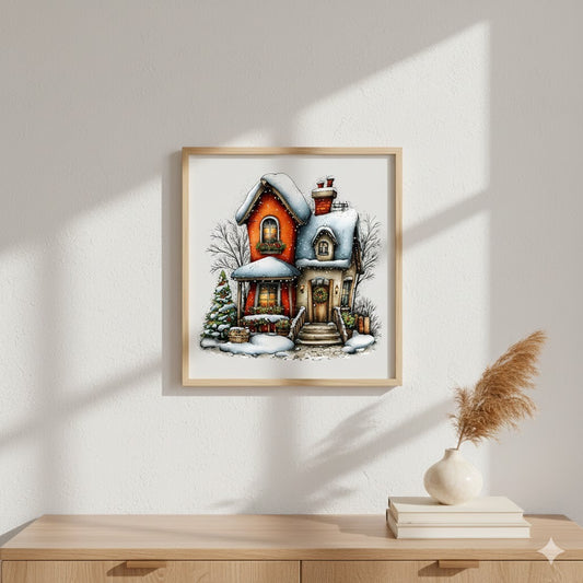 Cozy Snowy Cottage Framed Canvas Wall Art — Winter Holiday Home Décor