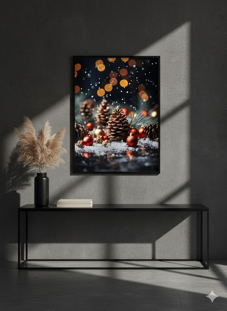 Framed Holiday Pinecone Canvas Art — Christmas Bokeh Wall Decor