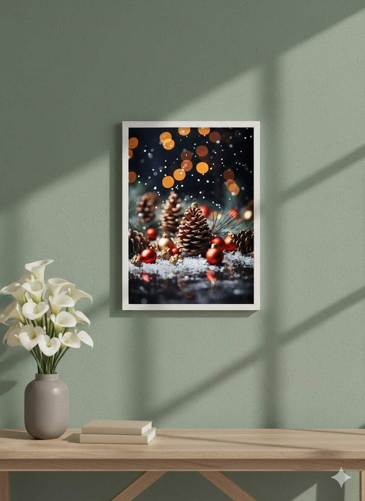 Framed Holiday Pinecone Canvas Art — Christmas Bokeh Wall Decor