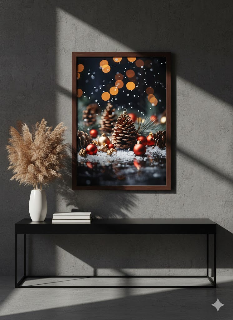 Framed Holiday Pinecone Canvas Art — Christmas Bokeh Wall Decor