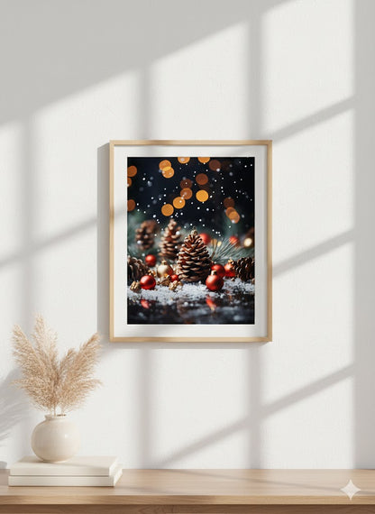 Framed Holiday Pinecone Canvas Art — Christmas Bokeh Wall Decor