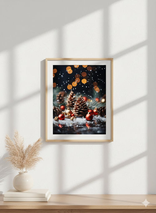 Framed Holiday Pinecone Canvas Art — Christmas Bokeh Wall Decor
