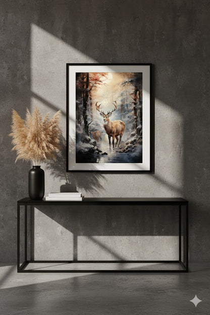 Framed Matte Canvas Deer Forest Print