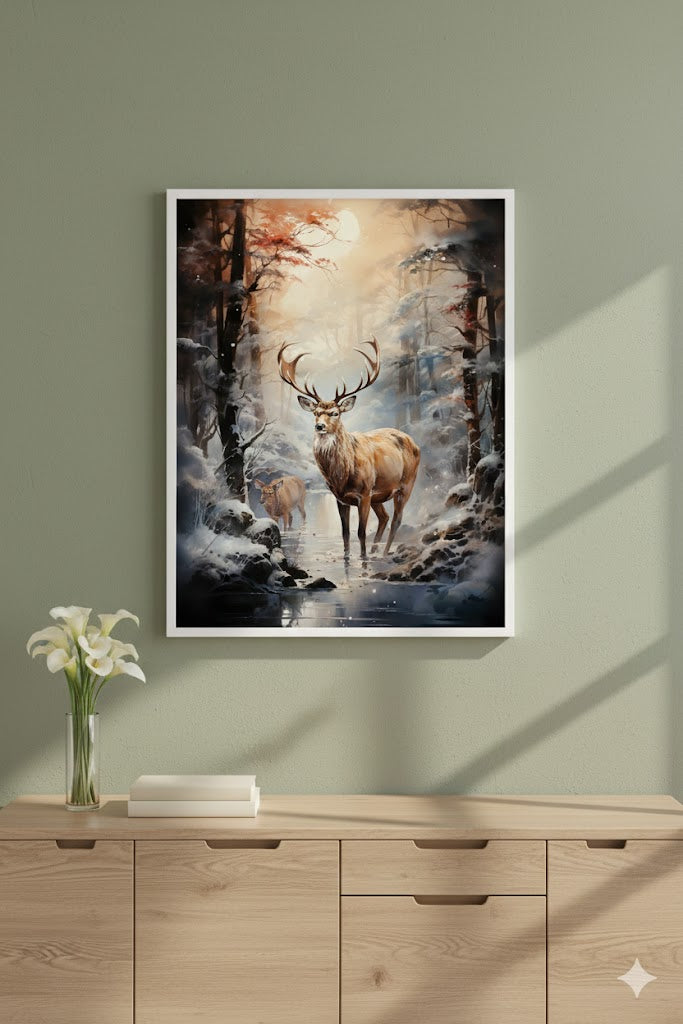 Framed Matte Canvas Deer Forest Print