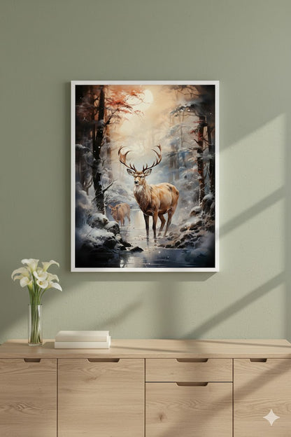 Framed Matte Canvas Deer Forest Print