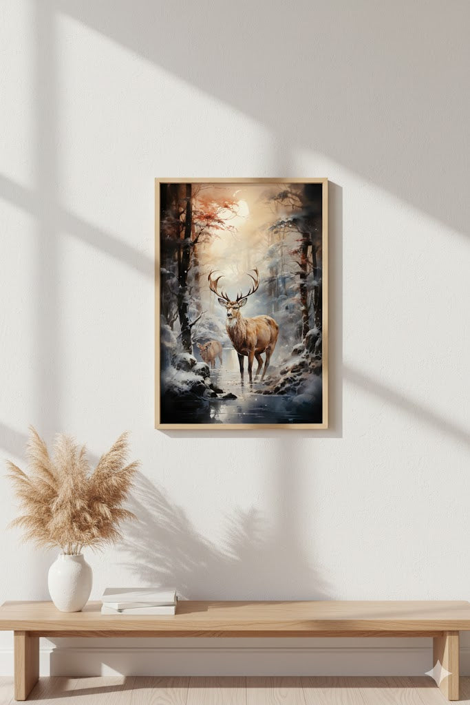 Framed Matte Canvas Deer Forest Print