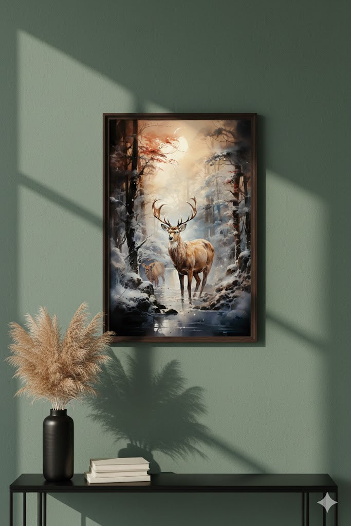 Framed Matte Canvas Deer Forest Print
