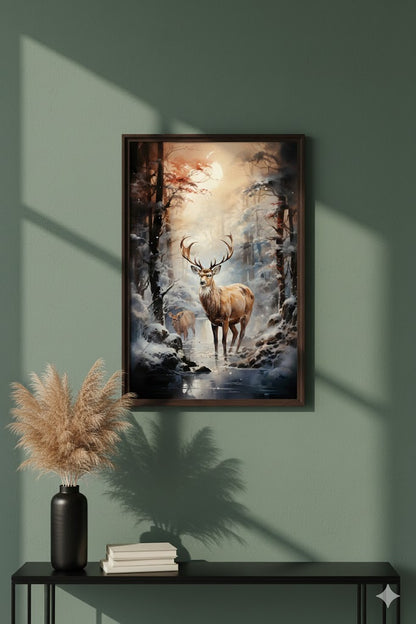Framed Matte Canvas Deer Forest Print