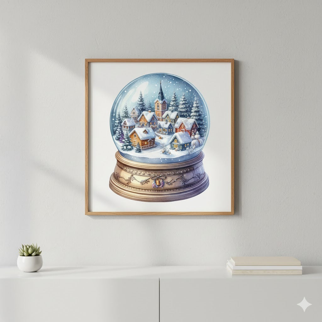 Framed Matte Canvas - Classic Snow Globe Winter Village Art