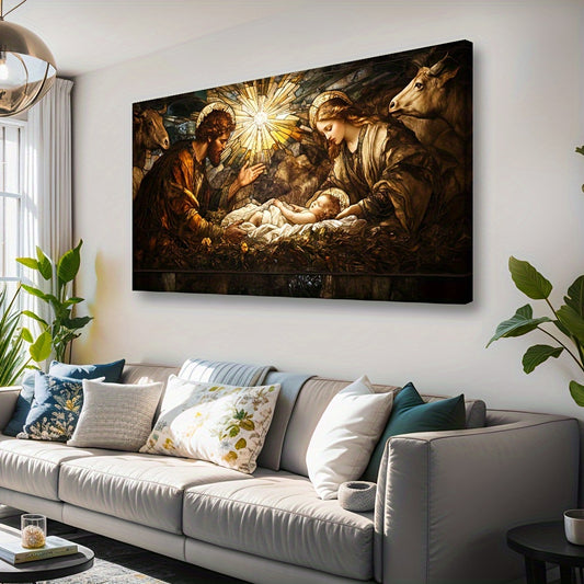 Vintage Wood Framed Nativity Scene Canvas Wall Art - Mary, Joseph & Jesus in Manger, Religious Christmas Picture, Holy Family Painting for Home, Church, Xmas Party Decorations (Stable Setting), 2D Flat