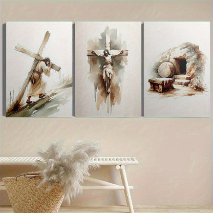 3pcs Wood Frame Canvas Print Decorative Painting, Easter Jesus Resurrection Poster, Baptism Bible He Is Risen Print, Christian Art Bible, Indoor Home Wall Decor Art
