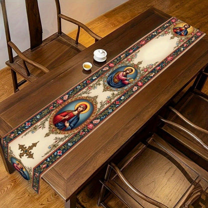 1pc Religious Icon Floral Table Runner - 100% Polyester Sateen Weave Tablecloth with Vibrant Religious Icons & Floral Patterns, Durable Easy-Clean Table Protection for Dining Room, Holiday Home Party Decor