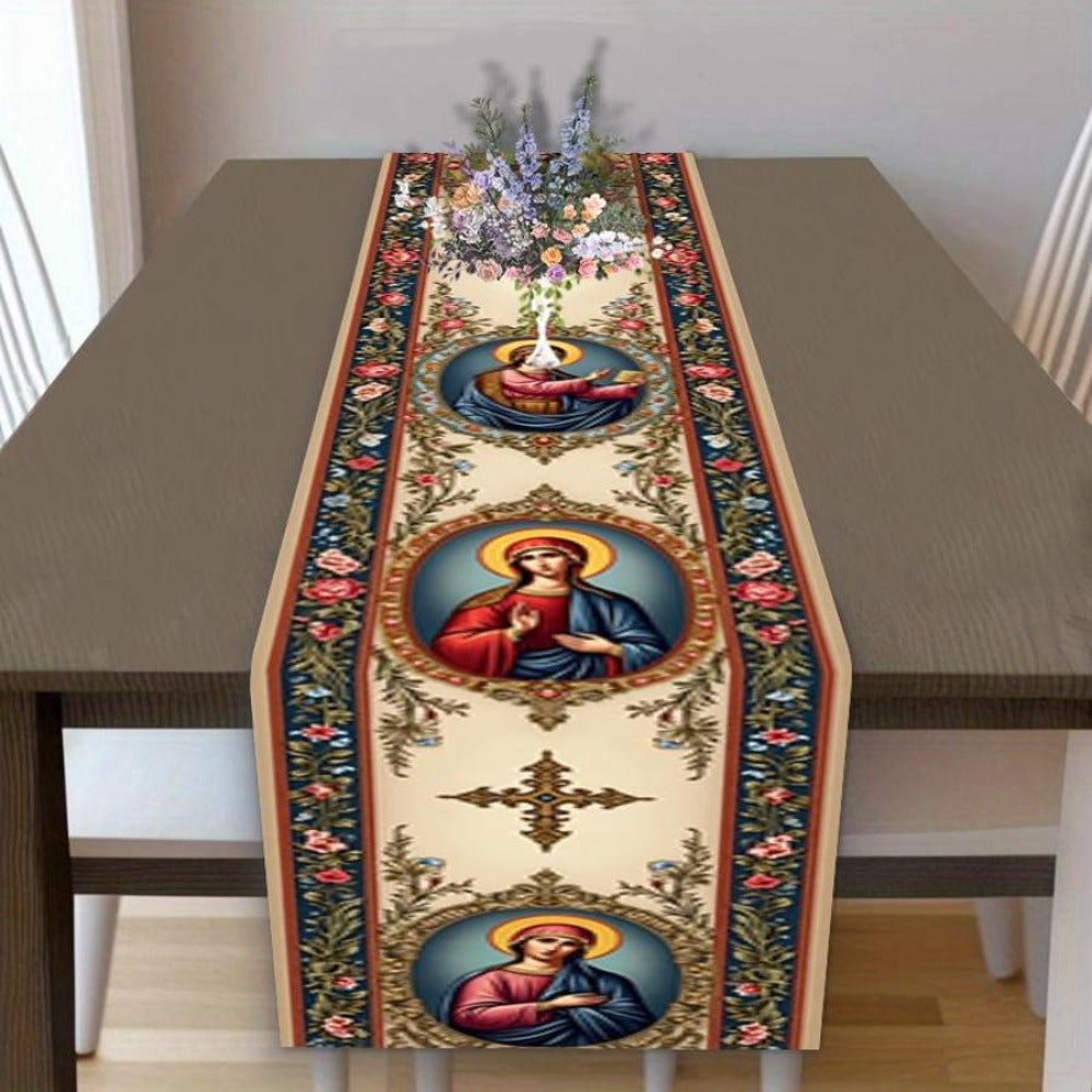 1pc Religious Icon Floral Table Runner - 100% Polyester Sateen Weave Tablecloth with Vibrant Religious Icons & Floral Patterns, Durable Easy-Clean Table Protection for Dining Room, Holiday Home Party Decor