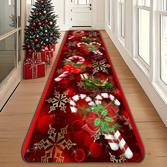 1pc Red & Golden Snowflake and Candy Cane Runner Mat - Modern Indoor/Outdoor Christmas Hallway Mat, Soft Adhesive Backing Suitable for Doorway, Porch, Entry Floor - Machine Washable Holiday Decoration, Christmas Decor