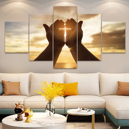 2D Flat, [2D FLAT] 5pcs Frame Prayer Hand Canvas Poster, Five Panel Scene Art, Modular Picture, Print Painting, Modern Art, Ideal Decor for Bedroom Living Room Kitchen Dorm, Wall Decoration, Gift for Family Friends, Murals, W
