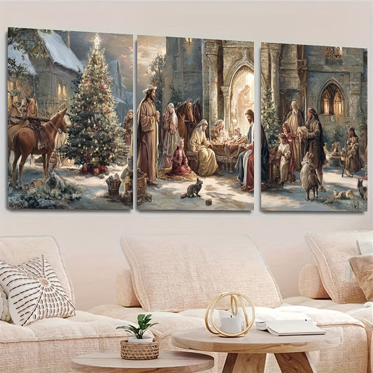 2D Flat, 3pcs Victorian Style Christmas Nativity Scene Canvas Art with Wooden Frame - Festive Religious Wall Decor, Featuring Mary, Joseph, Shepherds & Starry Night Snowy, Perfect For Living Room Or Holiday Display, Christmas