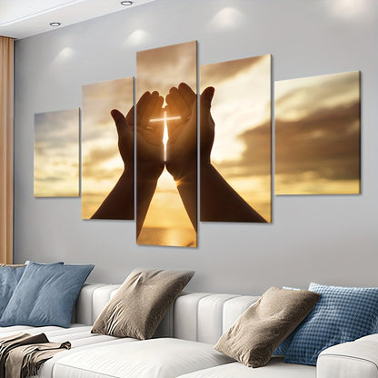 2D Flat, [2D FLAT] 5pcs Frame Prayer Hand Canvas Poster, Five Panel Scene Art, Modular Picture, Print Painting, Modern Art, Ideal Decor for Bedroom Living Room Kitchen Dorm, Wall Decoration, Gift for Family Friends, Murals, W