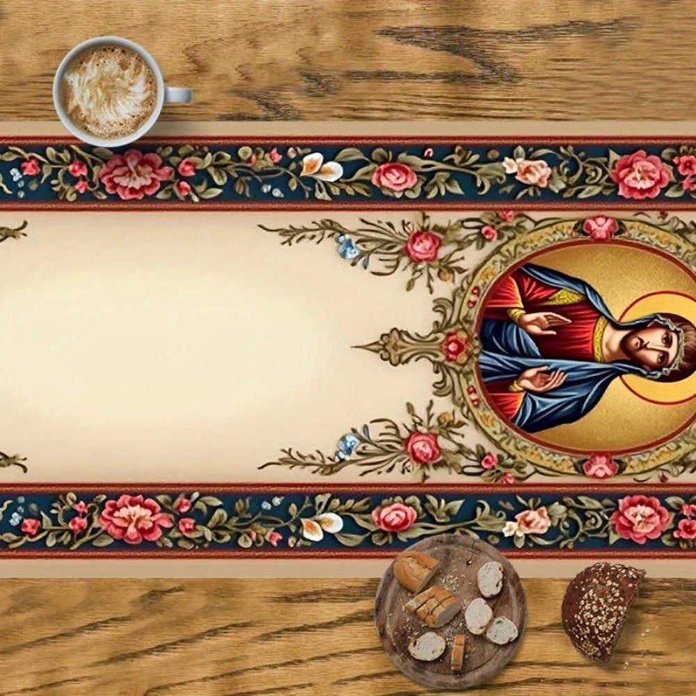 1pc Religious Icon Floral Table Runner - 100% Polyester Sateen Weave Tablecloth with Vibrant Religious Icons & Floral Patterns, Durable Easy-Clean Table Protection for Dining Room, Holiday Home Party Decor