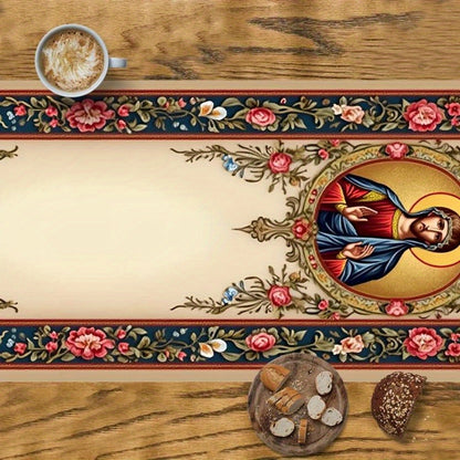 1pc Religious Icon Floral Table Runner - 100% Polyester Sateen Weave Tablecloth with Vibrant Religious Icons & Floral Patterns, Durable Easy-Clean Table Protection for Dining Room, Holiday Home Party Decor