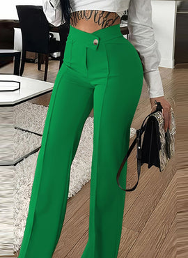 Slim Straight-Leg Pants with Buckle Fashion Solid Color Trousers for Womens Clothing