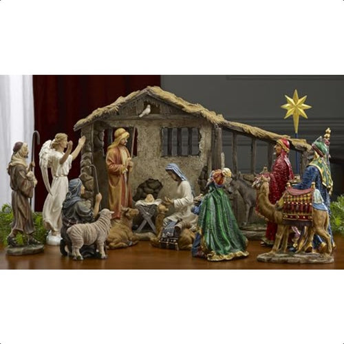 16pcs Deluxe Edition Three Kings Gifts Nativity Scene Set with Lighted Stable & Hand-Painted Figures - 7-inch Scale Collection Suitable for Church Display, Real Life Nativity with Golden Frankincense Myrrh & Certificate of Au