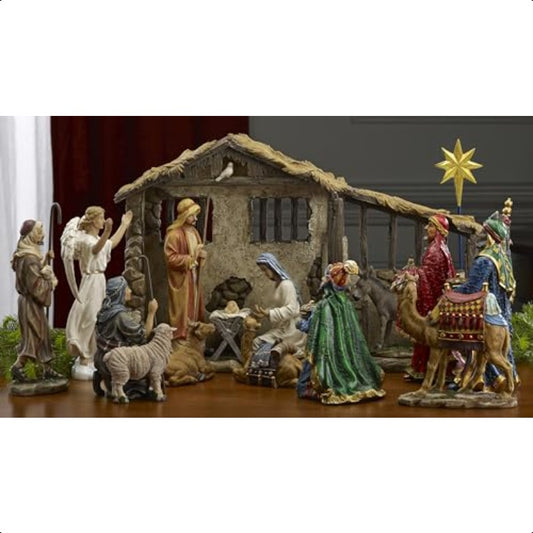 16pcs Deluxe Edition Three Kings Gifts Nativity Scene Set with Lighted Stable & Hand-Painted Figures - 7-inch Scale Collection Suitable for Church Display, Real Life Nativity with Golden Frankincense Myrrh & Certificate of Au
