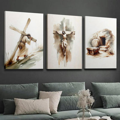 3pcs Wood Frame Canvas Print Decorative Painting, Easter Jesus Resurrection Poster, Baptism Bible He Is Risen Print, Christian Art Bible, Indoor Home Wall Decor Art