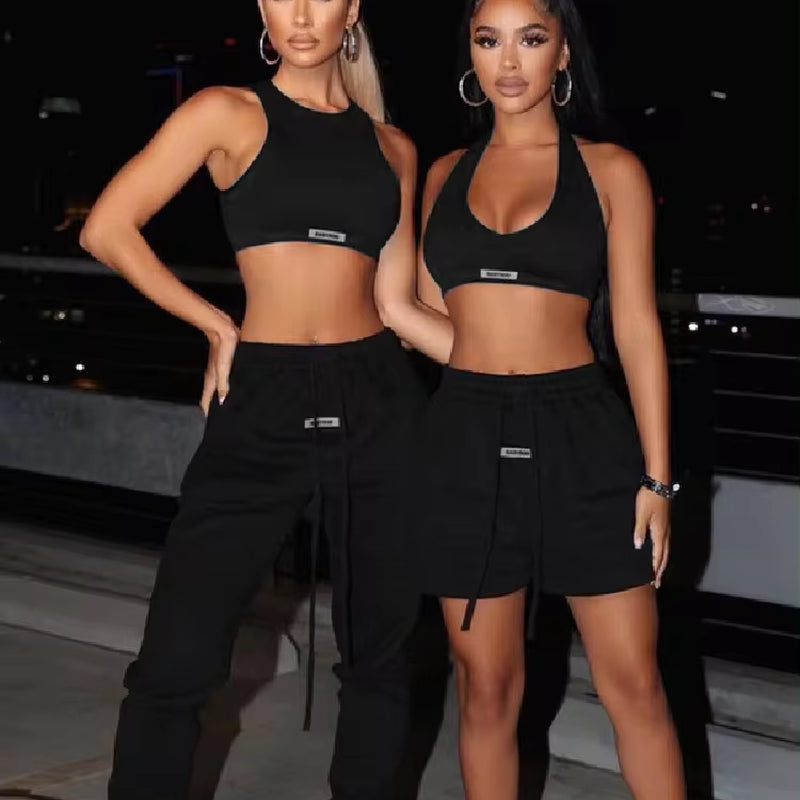 Sporty Two Piece Set Girl Halter Crop Tops+Drawstring Sweatpants Slim Activewear Casual Gym Workout Fitness Womens Outfits