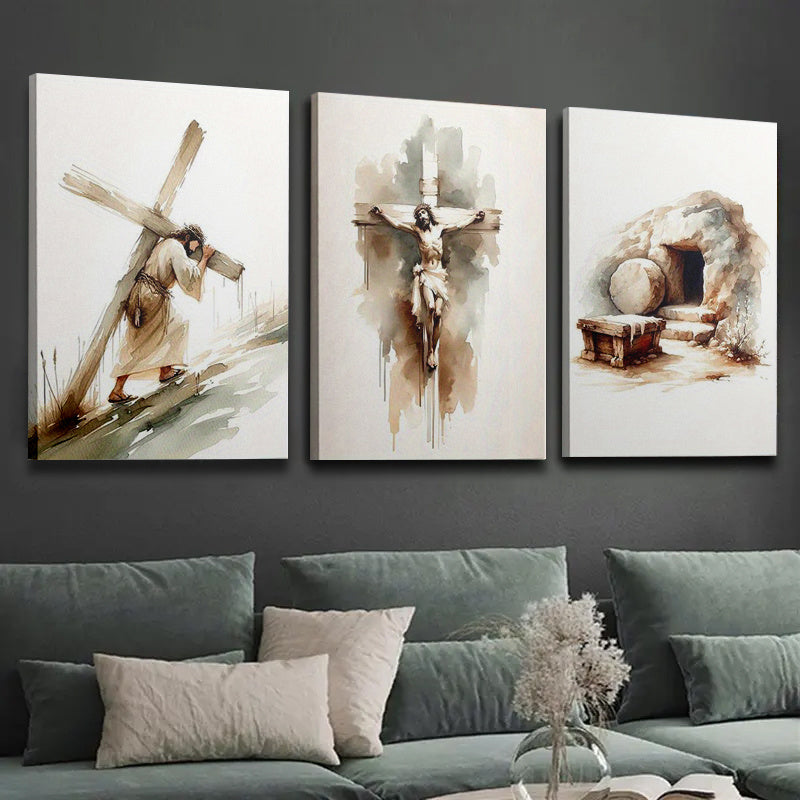 3pcs Wood Frame Canvas Print Decorative Painting, Easter Jesus Resurrection Poster, Baptism Bible He Is Risen Print, Christian Art Bible, Indoor Home Wall Decor Art