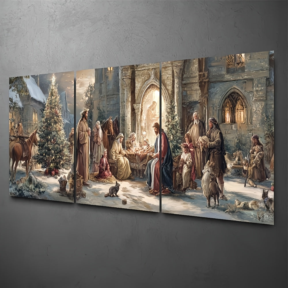 2D Flat, 3pcs Victorian Style Christmas Nativity Scene Canvas Art with Wooden Frame - Festive Religious Wall Decor, Featuring Mary, Joseph, Shepherds & Starry Night Snowy, Perfect For Living Room Or Holiday Display, Christmas