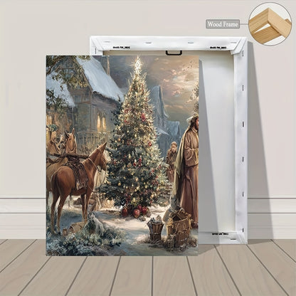 2D Flat, 3pcs Victorian Style Christmas Nativity Scene Canvas Art with Wooden Frame - Festive Religious Wall Decor, Featuring Mary, Joseph, Shepherds & Starry Night Snowy, Perfect For Living Room Or Holiday Display, Christmas
