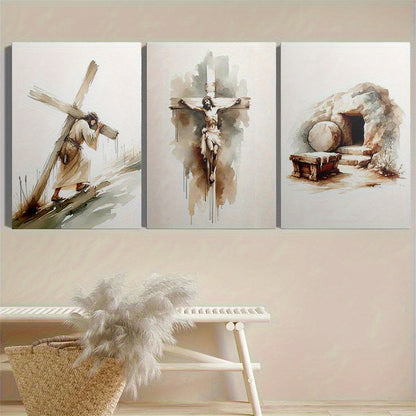 3pcs Wood Frame Canvas Print Decorative Painting, Easter Jesus Resurrection Poster, Baptism Bible He Is Risen Print, Christian Art Bible, Indoor Home Wall Decor Art