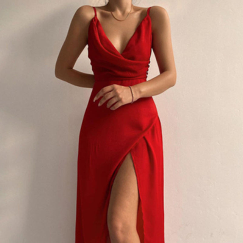 V-Neck Slip Dress Low Cut Printed Slit Dress