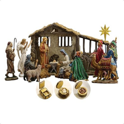 16pcs Deluxe Edition Three Kings Gifts Nativity Scene Set with Lighted Stable & Hand-Painted Figures - 7-inch Scale Collection Suitable for Church Display, Real Life Nativity with Golden Frankincense Myrrh & Certificate of Au
